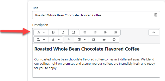 Picture of Shopify Product Entry section showing how to do the H2 in the description area.