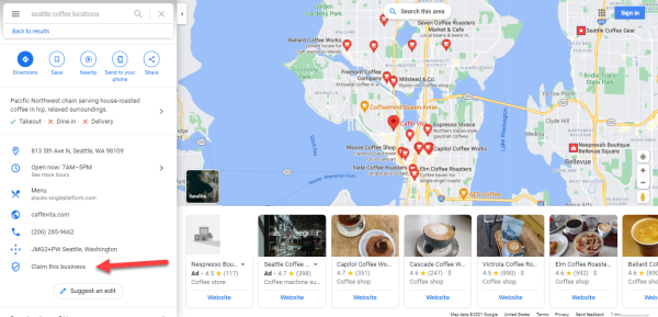 Google My Business Map of Search Results for Coffee Cafes in Seattle, Washington Google My Business Map of Search Results for Coffee Cafes in Seattle, Washington